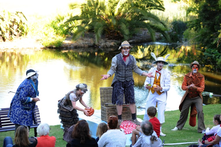 The cast of Wind In The Willows – from left Badger (Ben Noble) Mole (Chloe Bruer Jones) Ratty (Leigh Piper) Head Chief Rabbit (Roscoe Mathers) Weasel (Paul Morris). Photographer Matt Deller. 